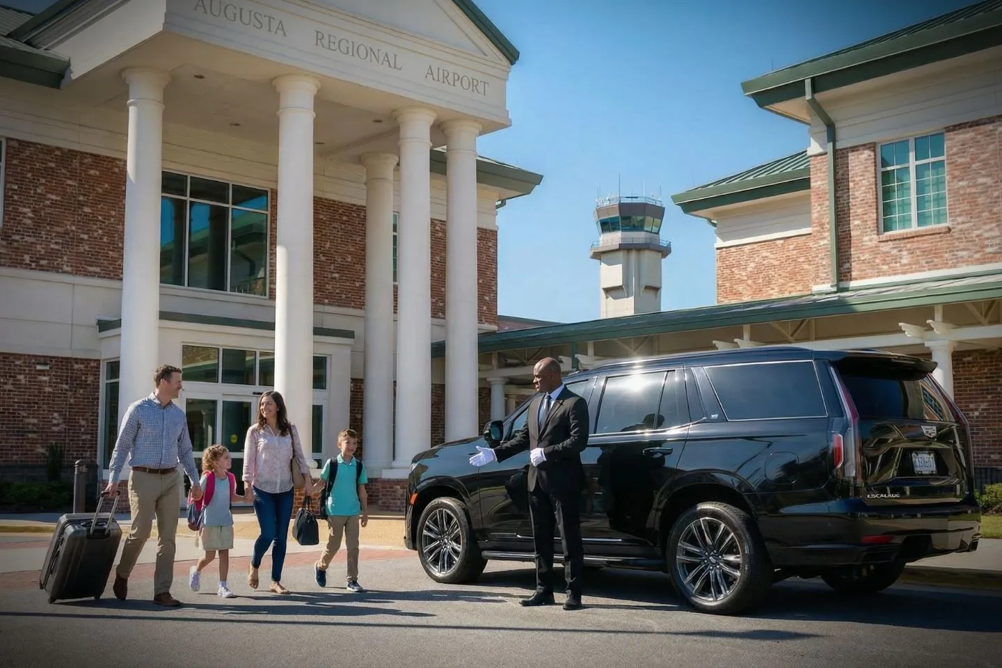 Augusta Regional (AGS) Airport Car Service Union Limousine chauffeur greeting Masters Tournament patron at AGS Augusta airport