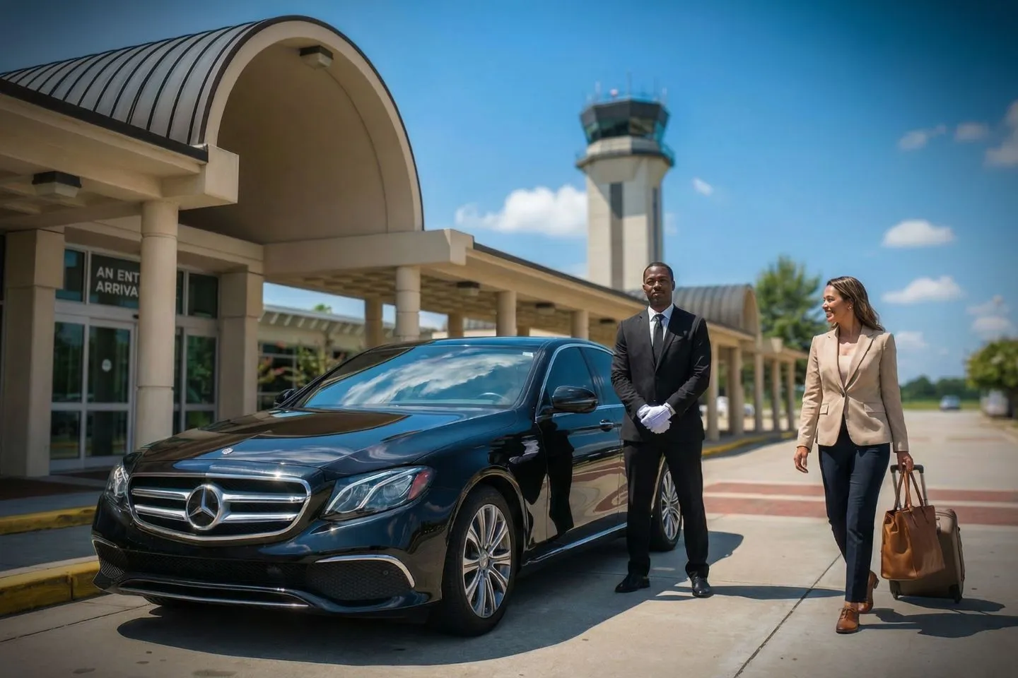 Middle Georgia Regional (MCN) Airport Car Service Union Limousine chauffeur greeting guest at MCN Middle Georgia Regional airport