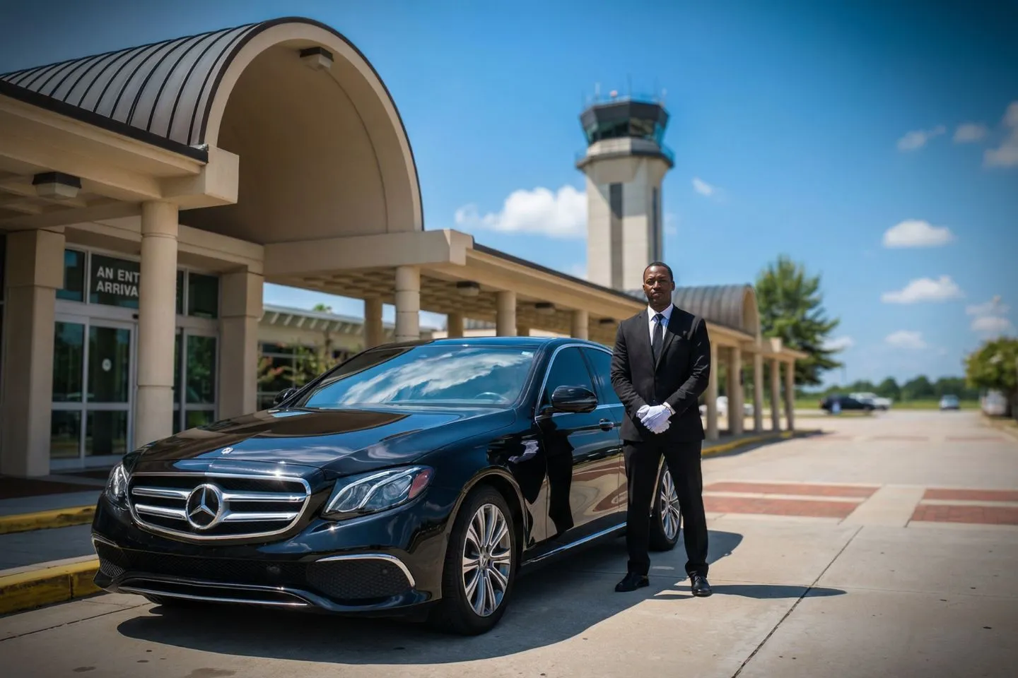 Middle Georgia Regional (MCN) Airport Car Service Luxury black sedan at Middle Georgia Regional Airport MCN terminal in Macon Georgia