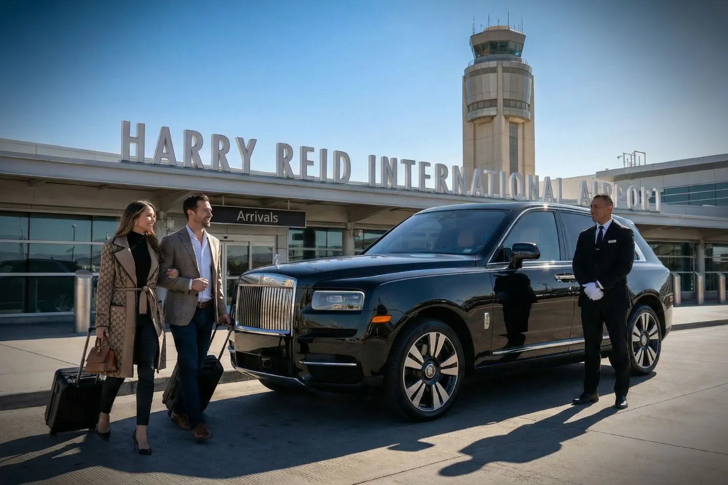 Reno-Tahoe International (RNO) Airport Car Service Luxury black Mercedes Benz S Class at Harry Reid International Airport LAS Terminal 1 curbside in Las Vegas