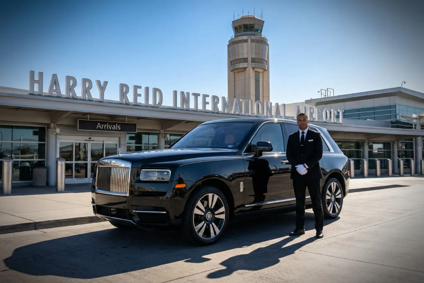 Reno-Tahoe International (RNO) Airport Car Service Stretch limousine at Harry Reid International airport for ride to Allegiant Stadium and Las Vegas Raiders game