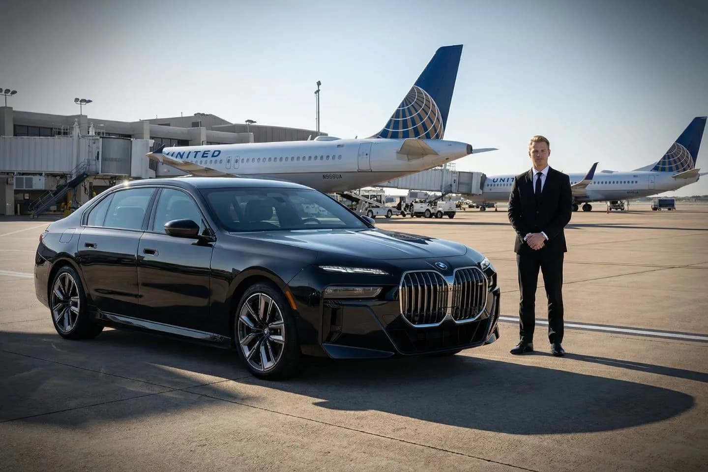McAllen Miller International (MFE) Airport Car Service Black luxury sedan parked outside McAllen Miller International Airport terminal