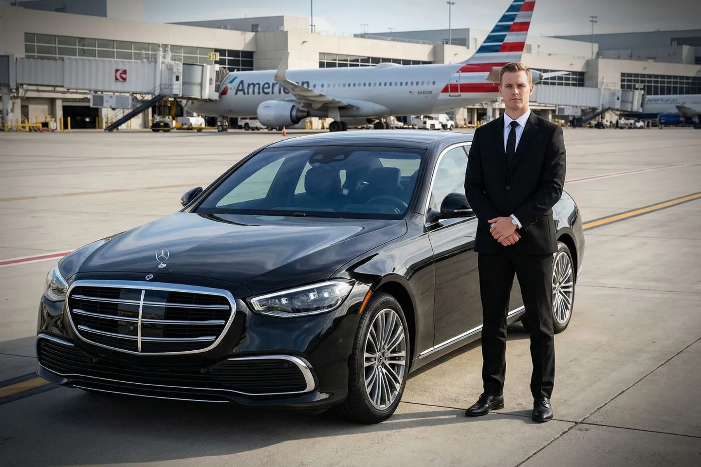 Waco Regional (ACT) Airport Car Service Black luxury sedan parked at Waco Regional Airport terminal in Texas
