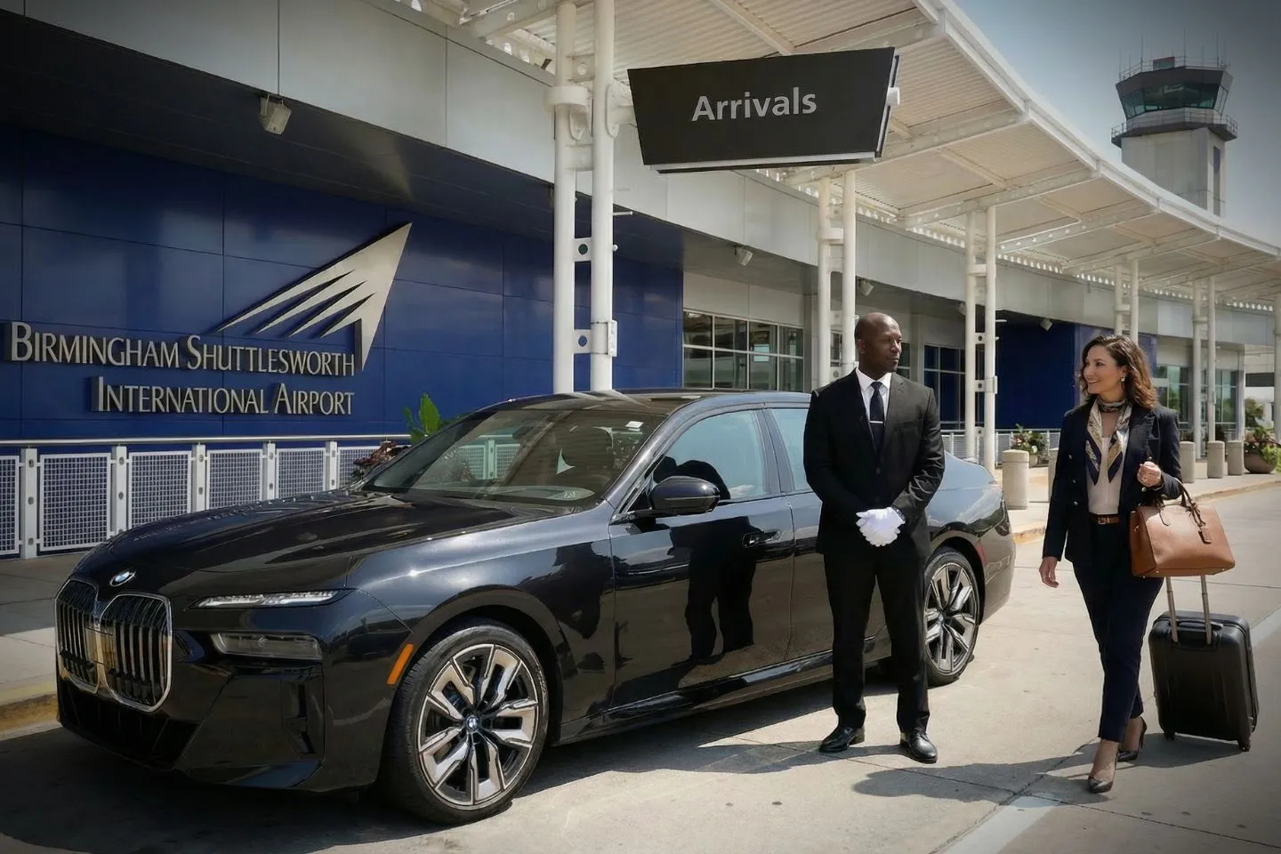 Birmingham Shuttlesworth International (BHM) Airport Car Service Luxury black Mercedes Benz S Class at Birmingham Shuttlesworth International Airport BHM terminal curbside