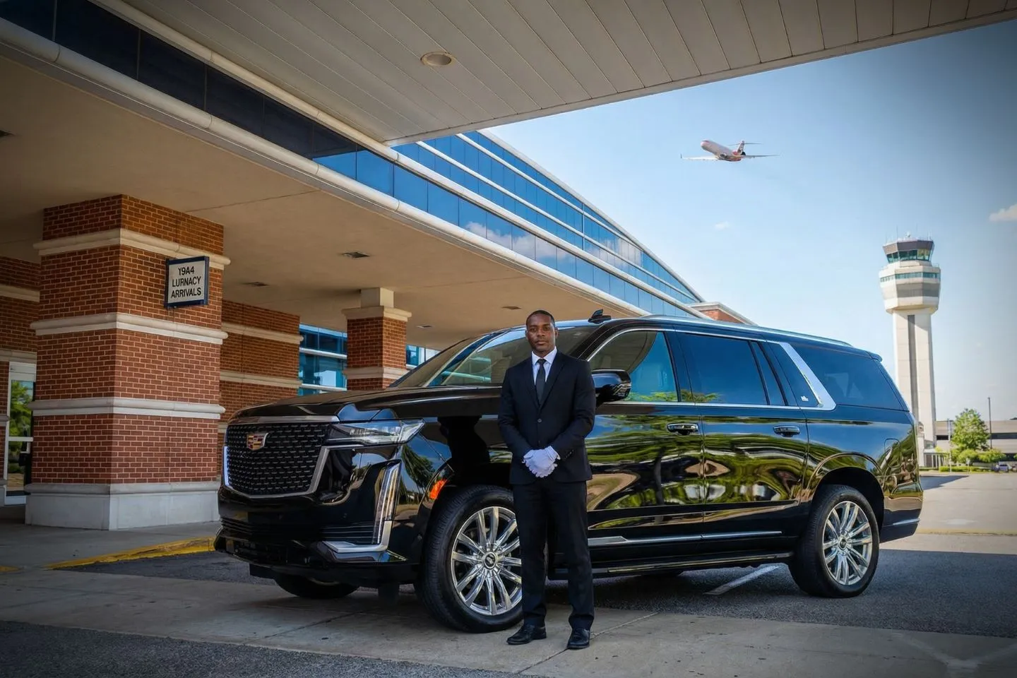 Montgomery Regional (MGM) Airport Car Service Luxury black Mercedes Benz S Class at Montgomery Regional Airport MGM terminal curbside in Alabama