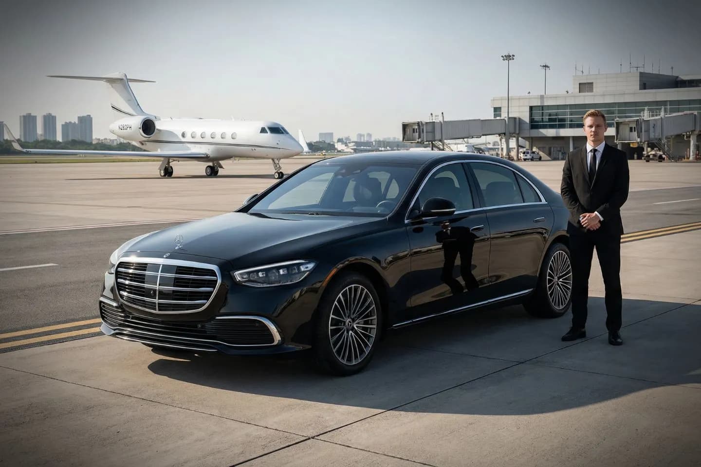 Dothan Regional (DHN) Airport Car Service Luxury black Mercedes Benz S Class at Dothan Regional Airport DHN terminal curbside in Alabama