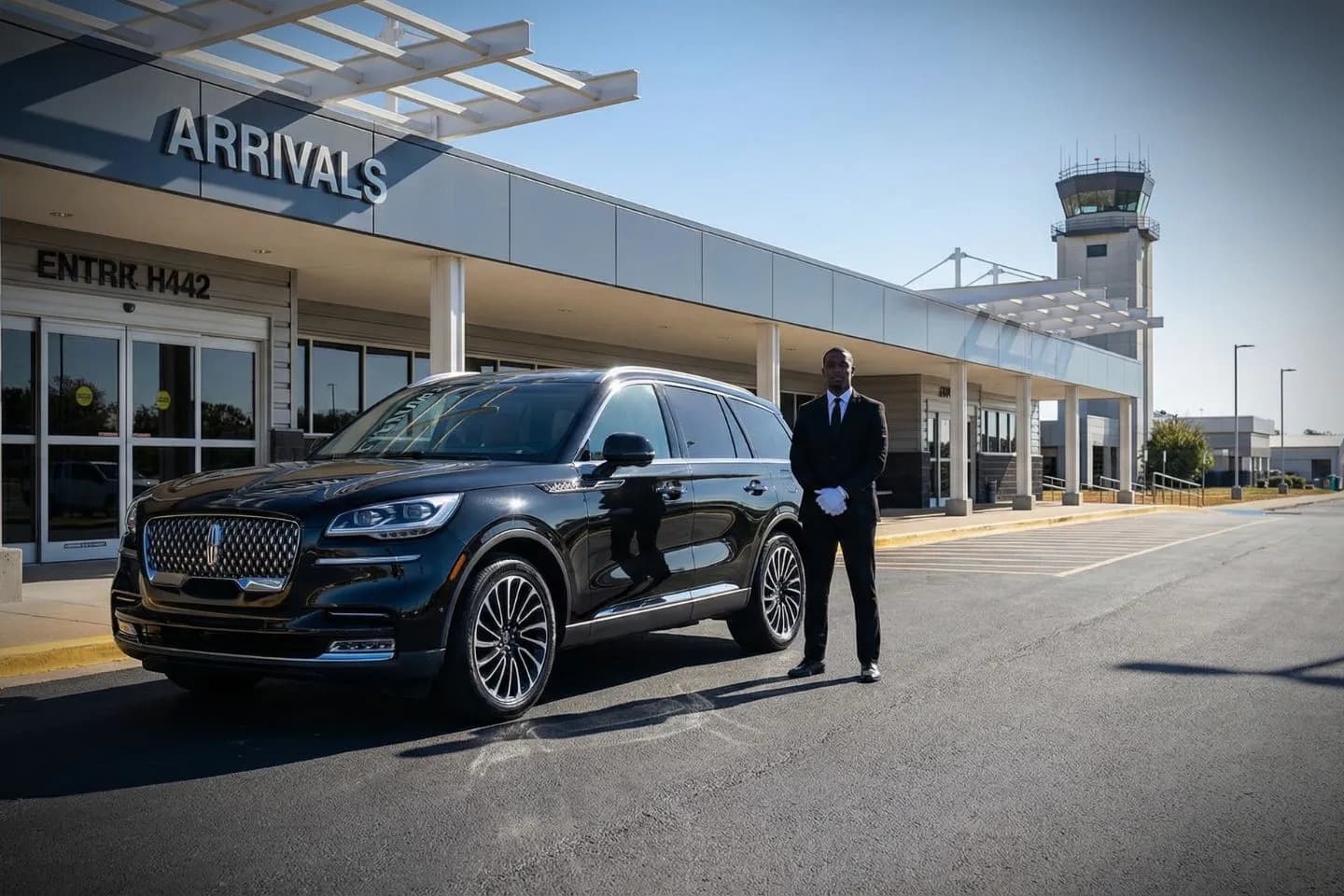 Northwest Alabama Regional (MSL) Airport Car Service Black BMW 7 Series chauffeured car at Muscle Shoals airport for ride to Wilson Dam and Tuscumbia Helen Keller birthplace
