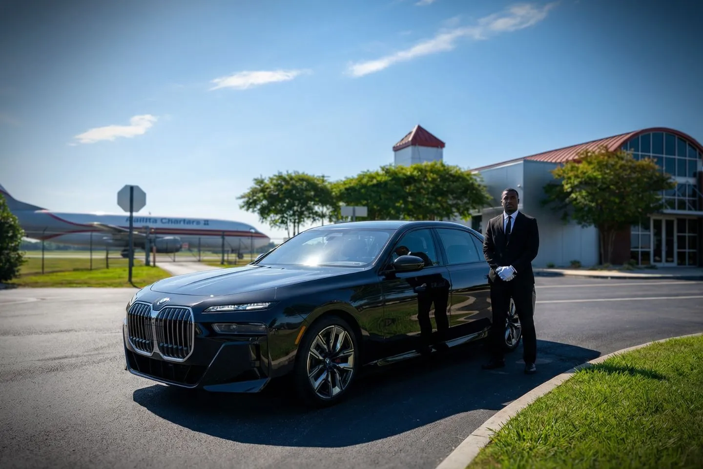 Pryor Field Regional (DCU) Airport Car Service Union Limousine chauffeur greeting charter aviation guest at DCU Pryor Field Regional airport
