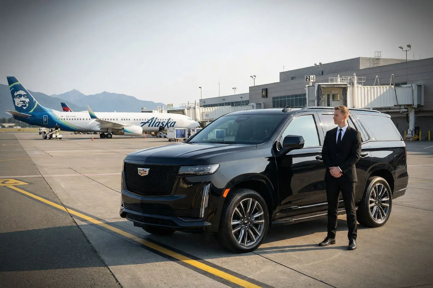 King Salmon (AKN) Airport Car Service Black luxury sedan parked at King Salmon Airport terminal in Bristol Bay