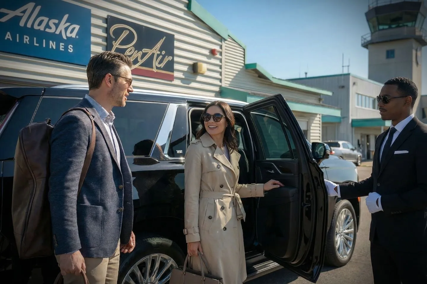 King Salmon (AKN) Airport Car Service Professional chauffeur greeting passenger at AKN arrivals in southwest Alaska