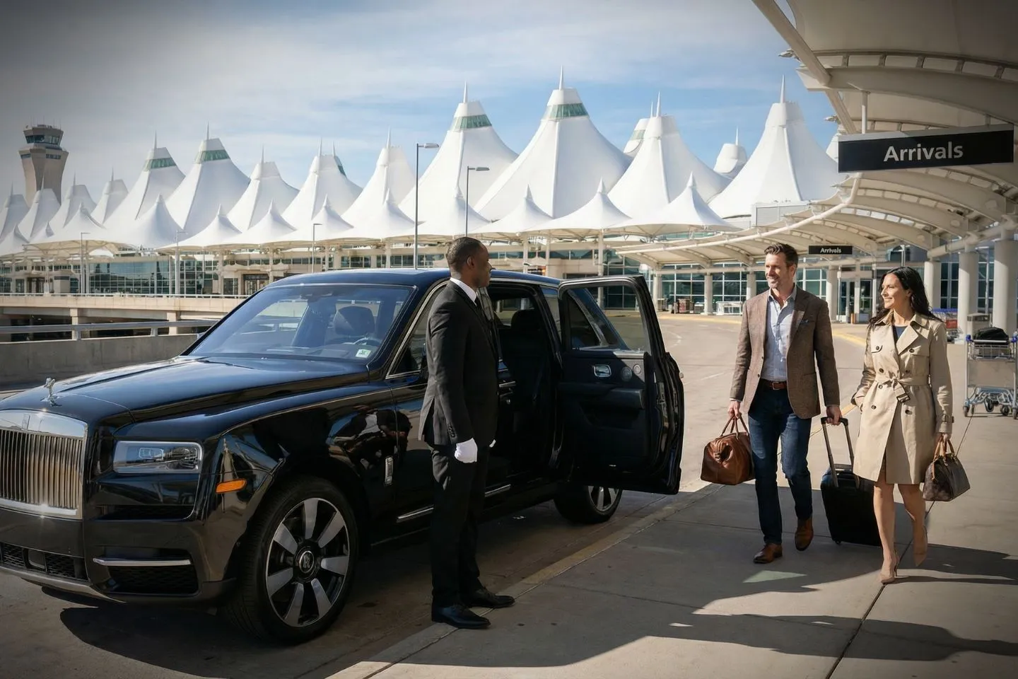 Denver International (DEN) Airport Car Service Black Cadillac Escalade chauffeured car at Denver International airport for ride to Boulder and University of Colorado