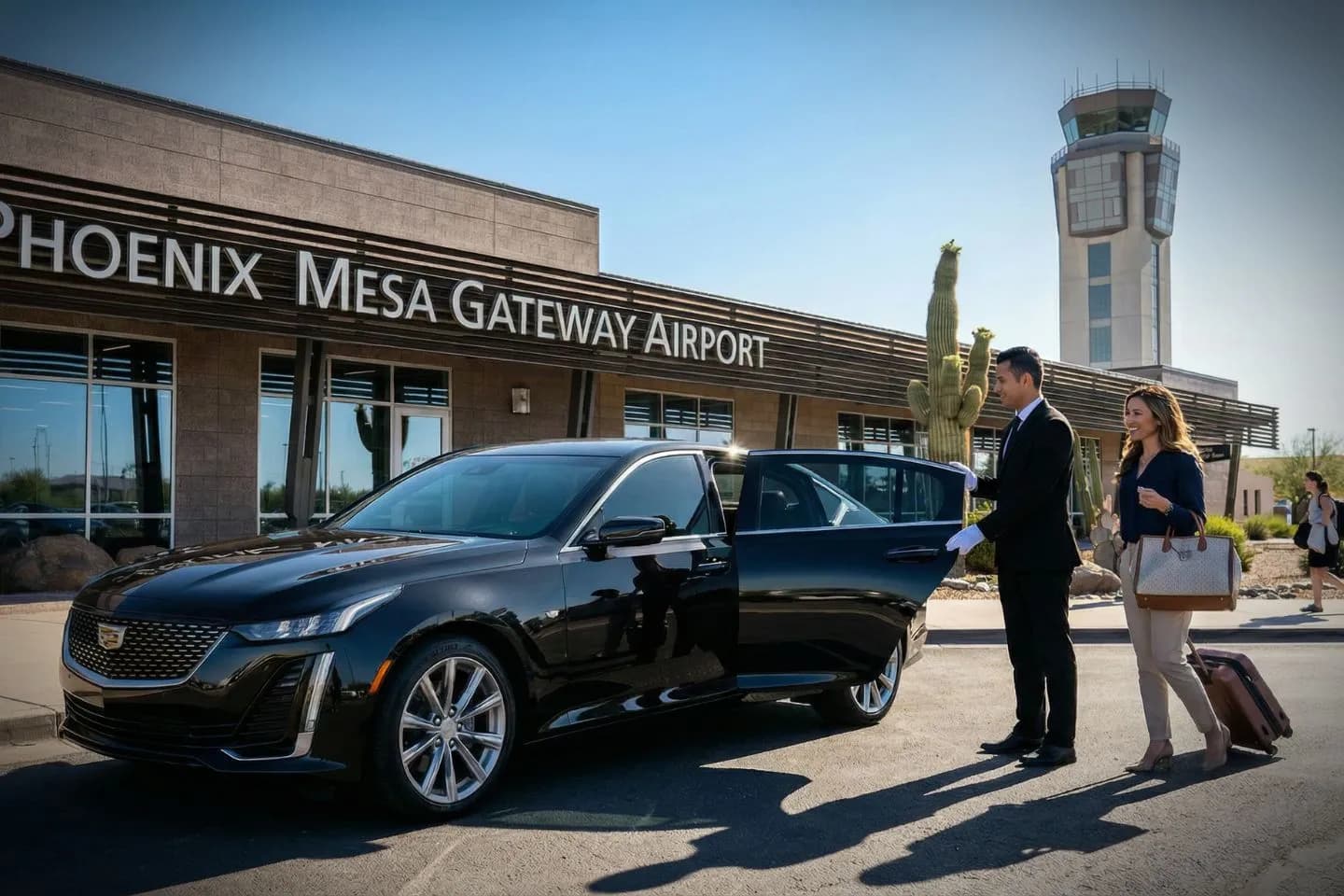 Mesa Gateway (AZA) Airport Car Service Professional chauffeur greeting passenger at AZA Allegiant arrivals hall