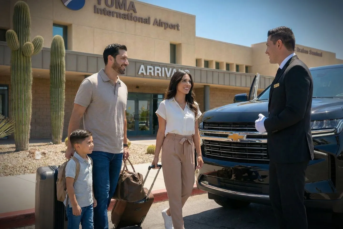 Yuma International (YUM) Airport Car Service Professional chauffeur greeting passenger at YUM arrivals area in Arizona