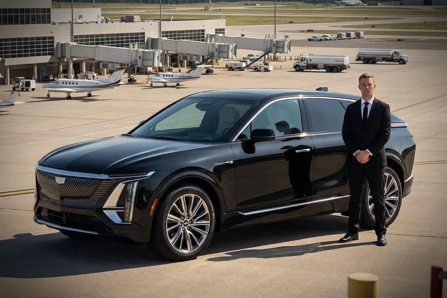 Grand Canyon National Park (GCN) Airport Car Service Black luxury sedan parked at Grand Canyon National Park Airport terminal in Tusayan
