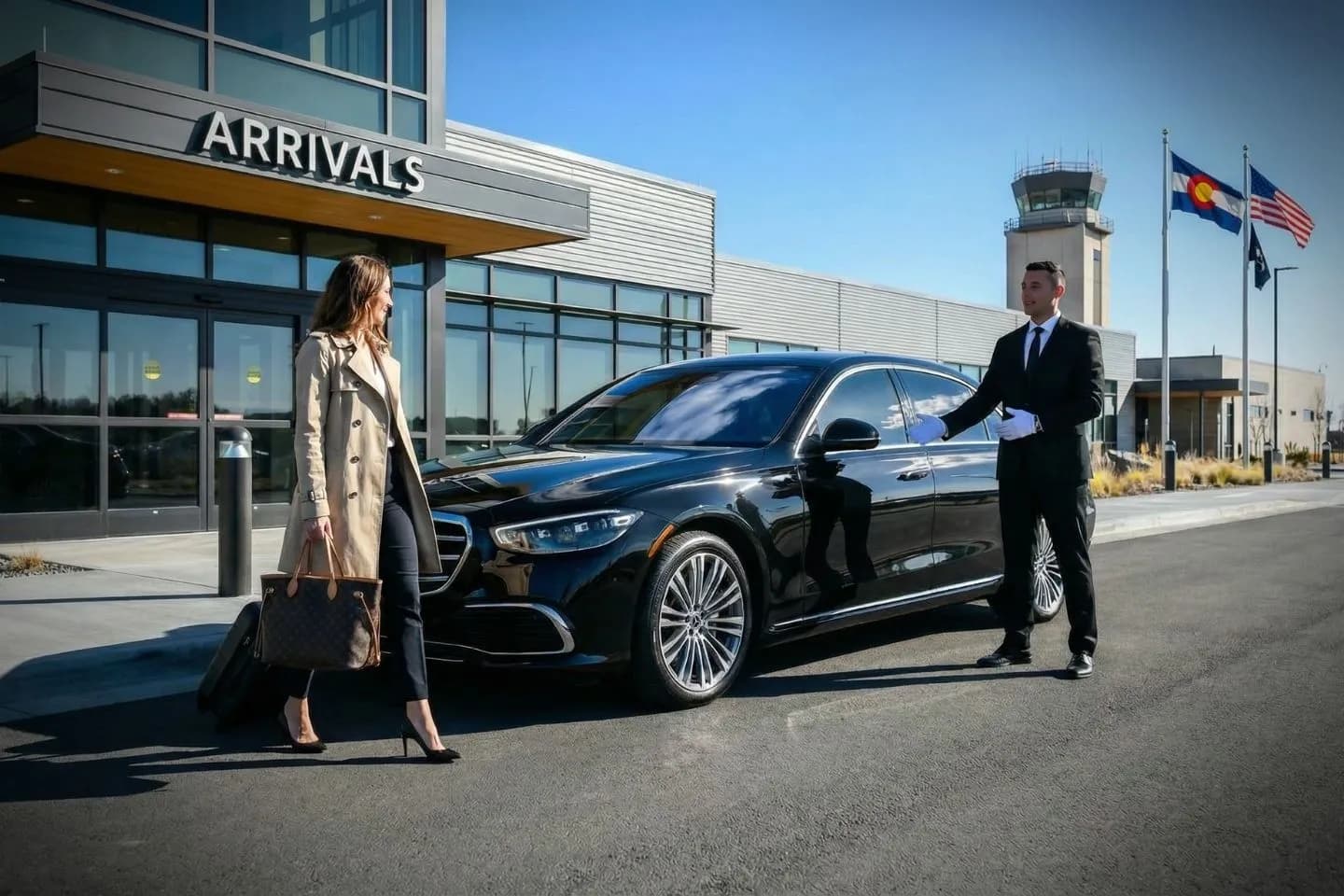 Centennial (APA) Airport Car Service Luxury black Mercedes Benz S Class at Centennial Airport APA terminal curbside in Englewood Colorado