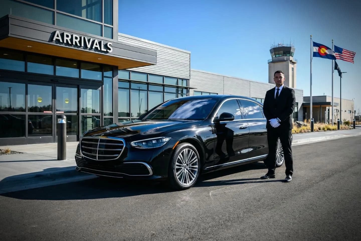 Centennial (APA) Airport Car Service Black Cadillac Escalade chauffeured car at Centennial airport for ride to Park Meadows and Castle Rock