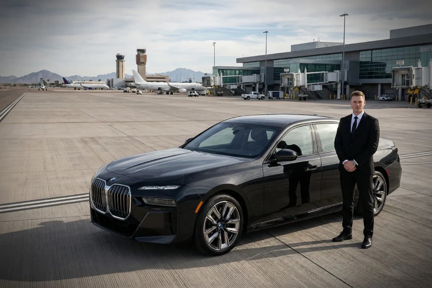 Scottsdale (SDL) Airport Car Service Black luxury sedan parked at Scottsdale Airport FBO entrance for private jet pickup