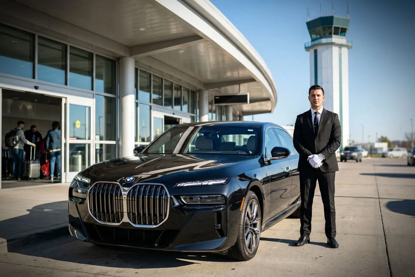 Wilmington Airport (ILG) Airport Car Service Black BMW 7 Series chauffeured car at Wilmington Airport for ride to Longwood Gardens and the Brandywine Valley