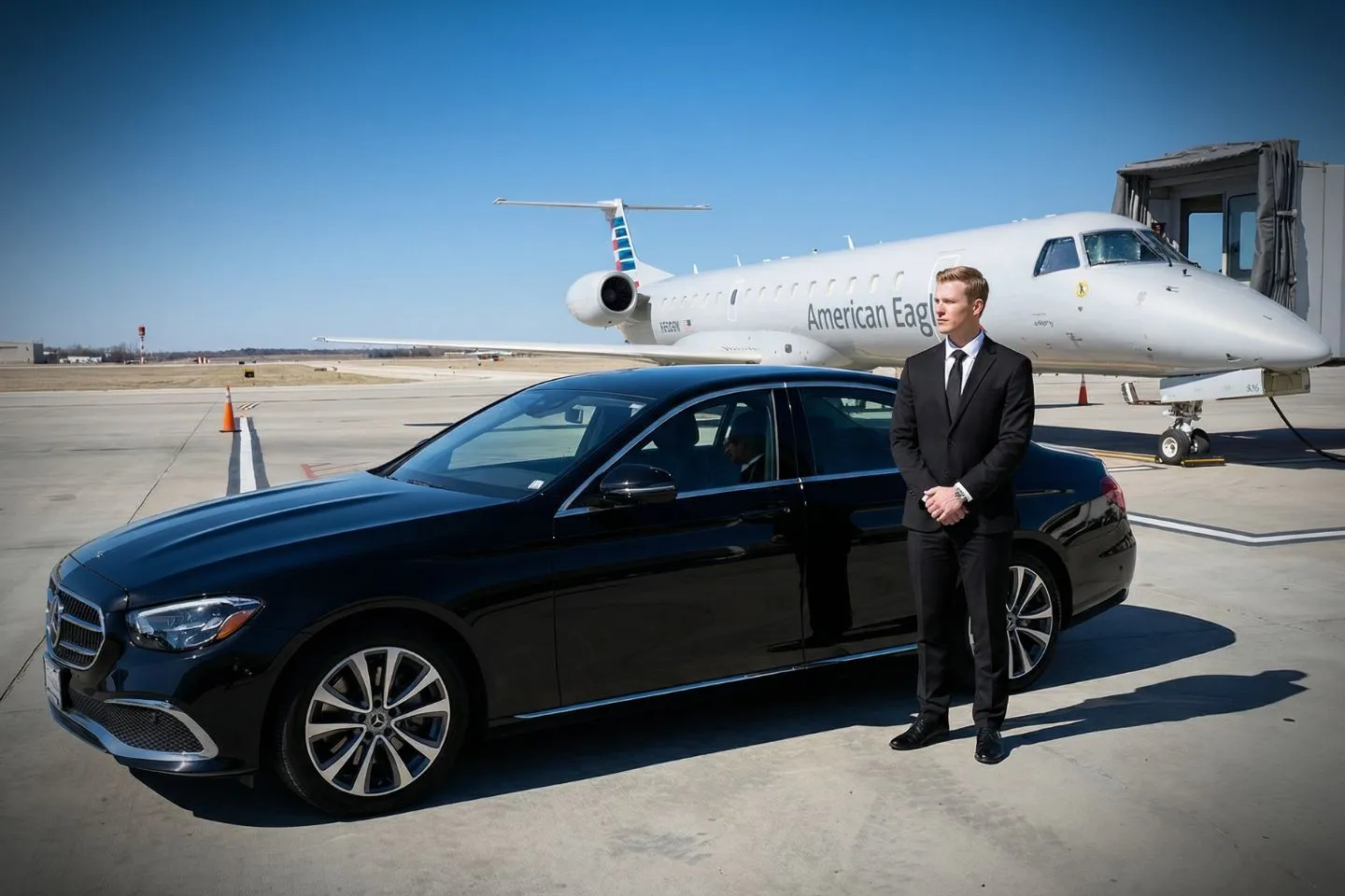 Eastern Iowa (CID) Airport Car Service Luxury black Mercedes Benz S Class at Eastern Iowa Airport CID terminal curbside in Cedar Rapids