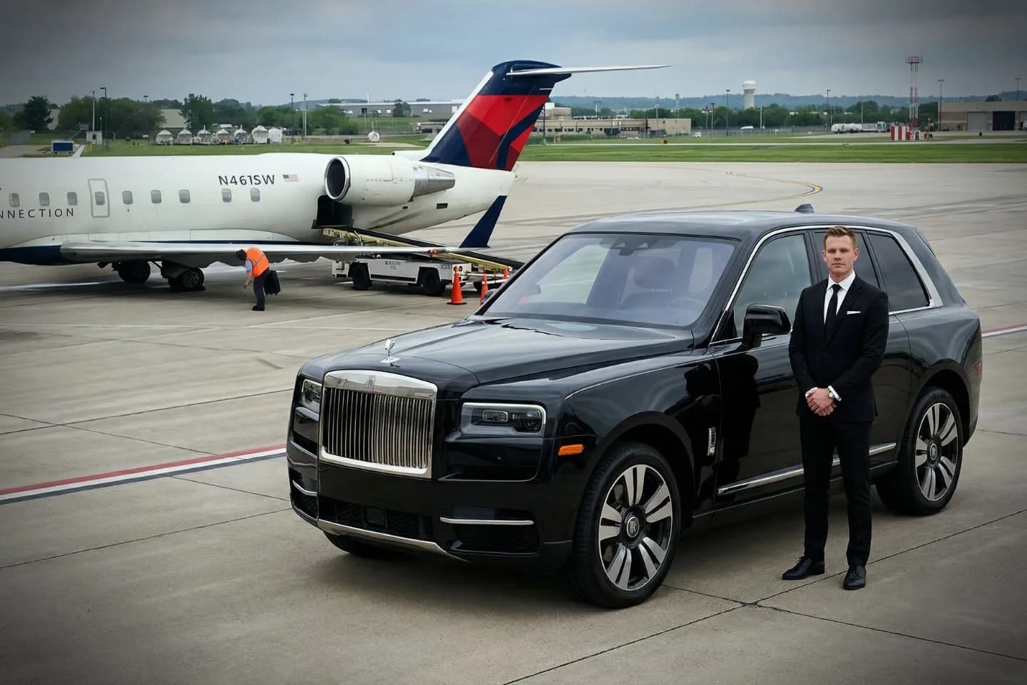 Waterloo Regional (ALO) Airport Car Service Black Cadillac Escalade chauffeured car at Waterloo airport for ride to Sturgis Falls Celebration in Cedar Falls