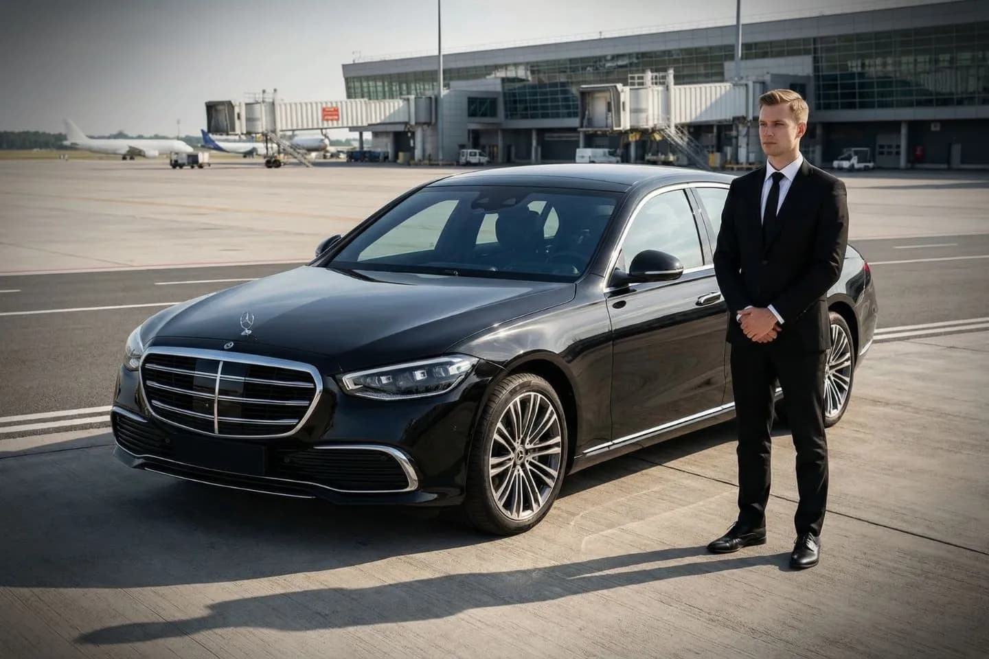 New Century AirCenter (IXD) Airport Car Service Black luxury sedan parked at New Century AirCenter Airport FBO entrance in Olathe