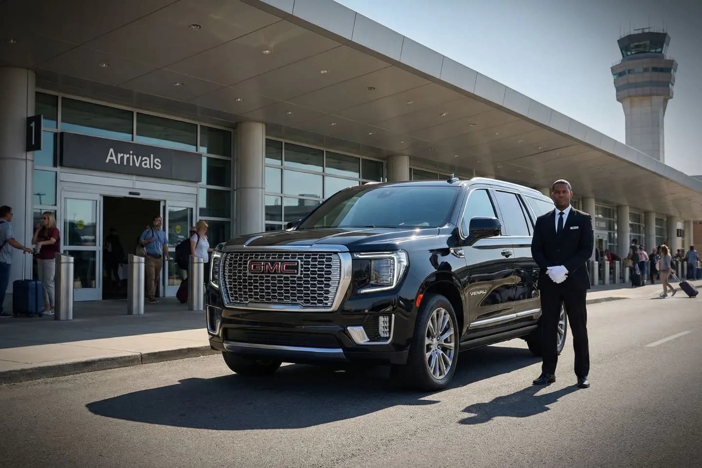 Johnson County Executive (OJC) Airport Car Service Premium SUV ready for OJC airport pickup near private jet terminal in Overland Park