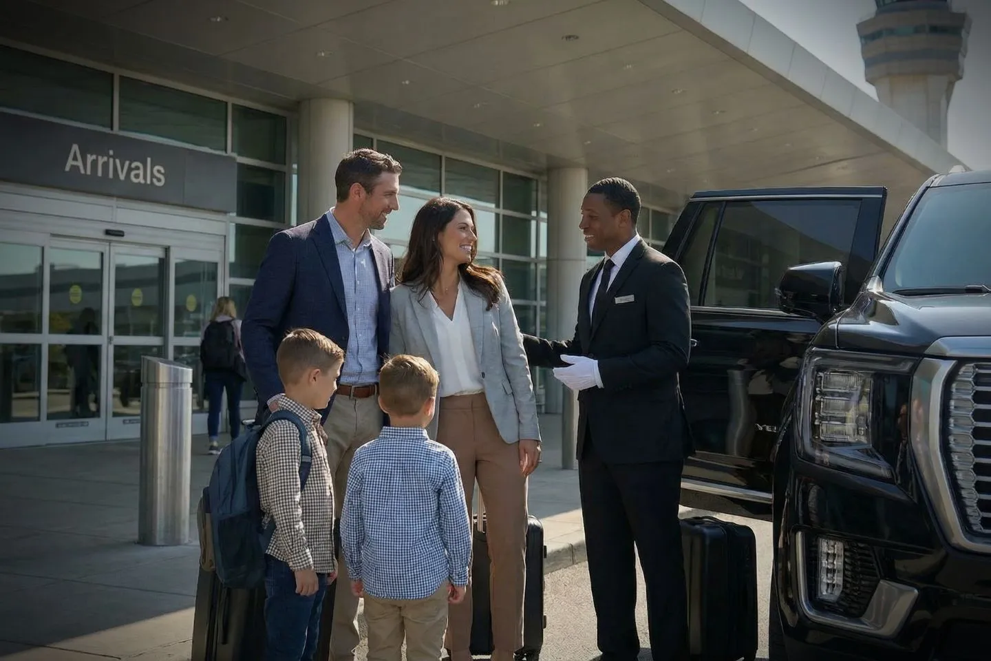 Johnson County Executive (OJC) Airport Car Service Professional chauffeur greeting passenger at OJC FBO lobby private aviation arrivals