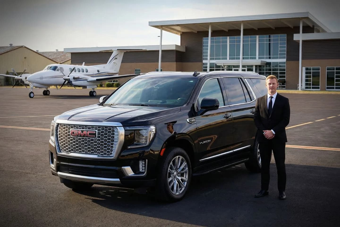 Johnson County Executive (OJC) Airport Car Service Black luxury sedan parked at Johnson County Executive Airport FBO entrance in Olathe Kansas