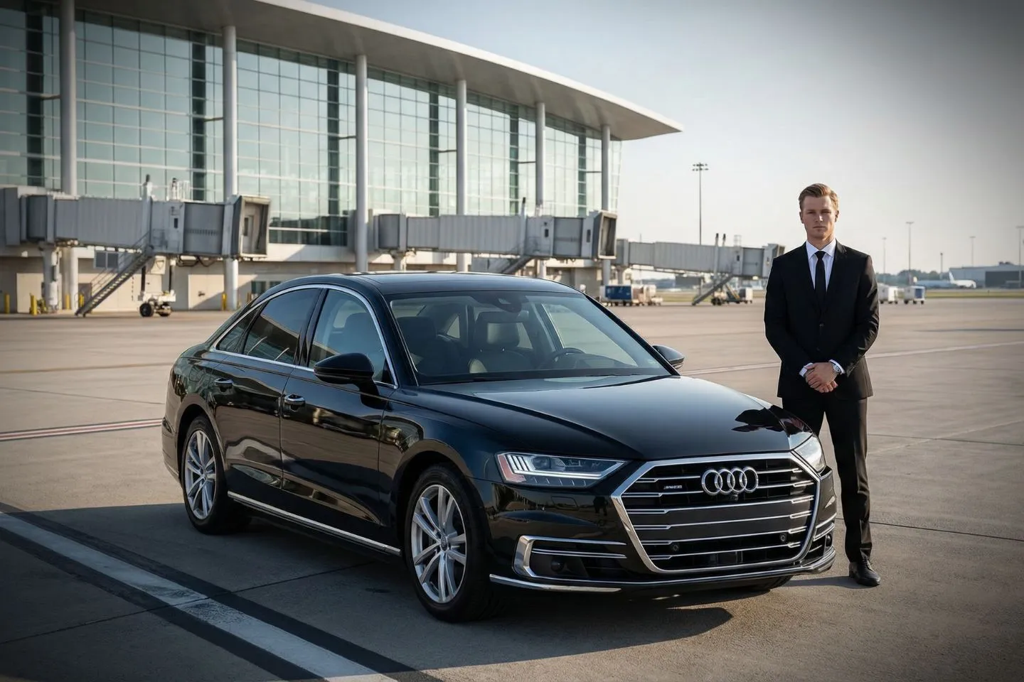 Louis Armstrong New Orleans International (MSY) Airport Car Service Black luxury sedan parked at Louis Armstrong New Orleans International Airport curbside