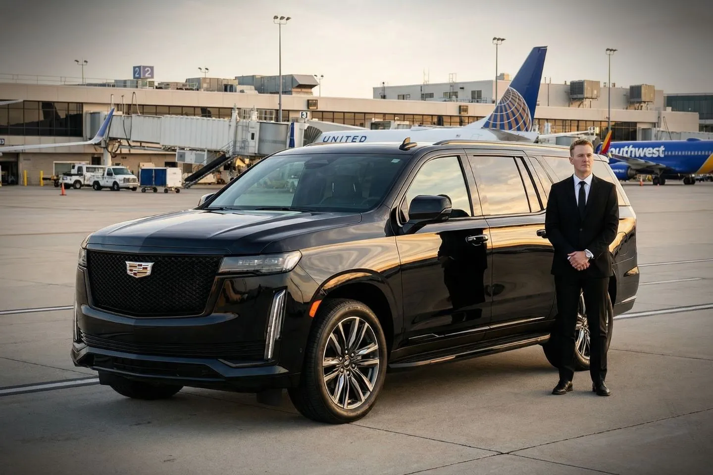 Portland International Jetport (PWM) Airport Car Service Black Cadillac Escalade chauffeured car at Portland Jetport for ride to LL Bean Freeport flagship store