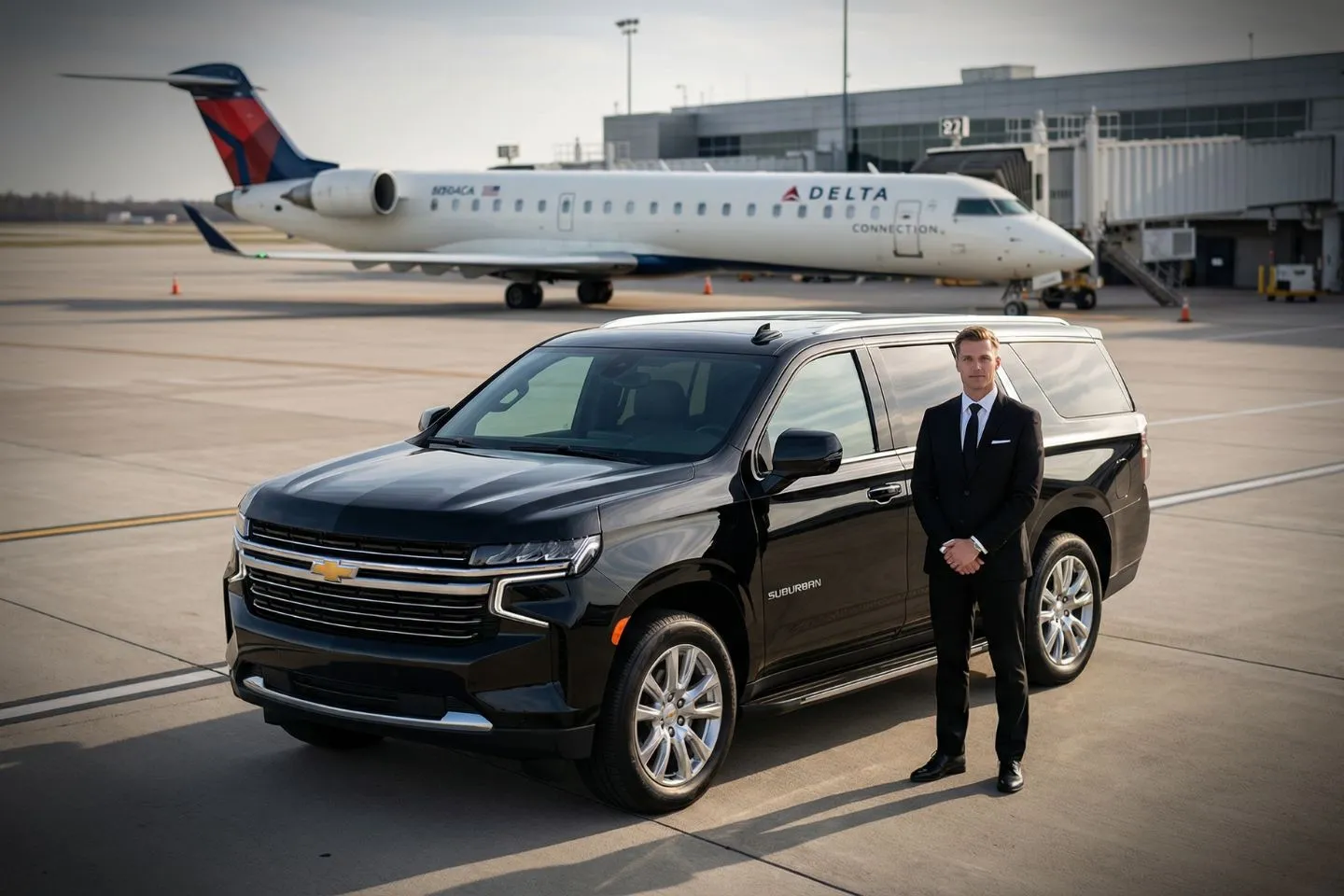 Alexandria International (AEX) Airport Car Service Black luxury sedan parked at Alexandria International Airport terminal curbside in Louisiana