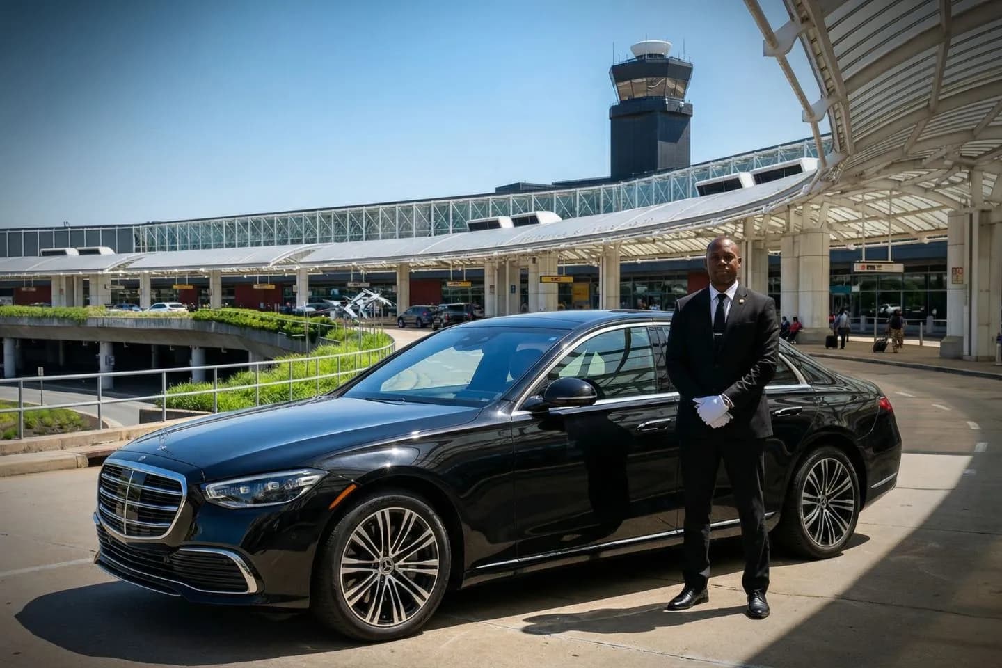 Baltimore International Thurgood Marshall (BWI) Airport Car Service Luxury black Mercedes Benz S Class at Baltimore Washington International Thurgood Marshall Airport BWI terminal curbside