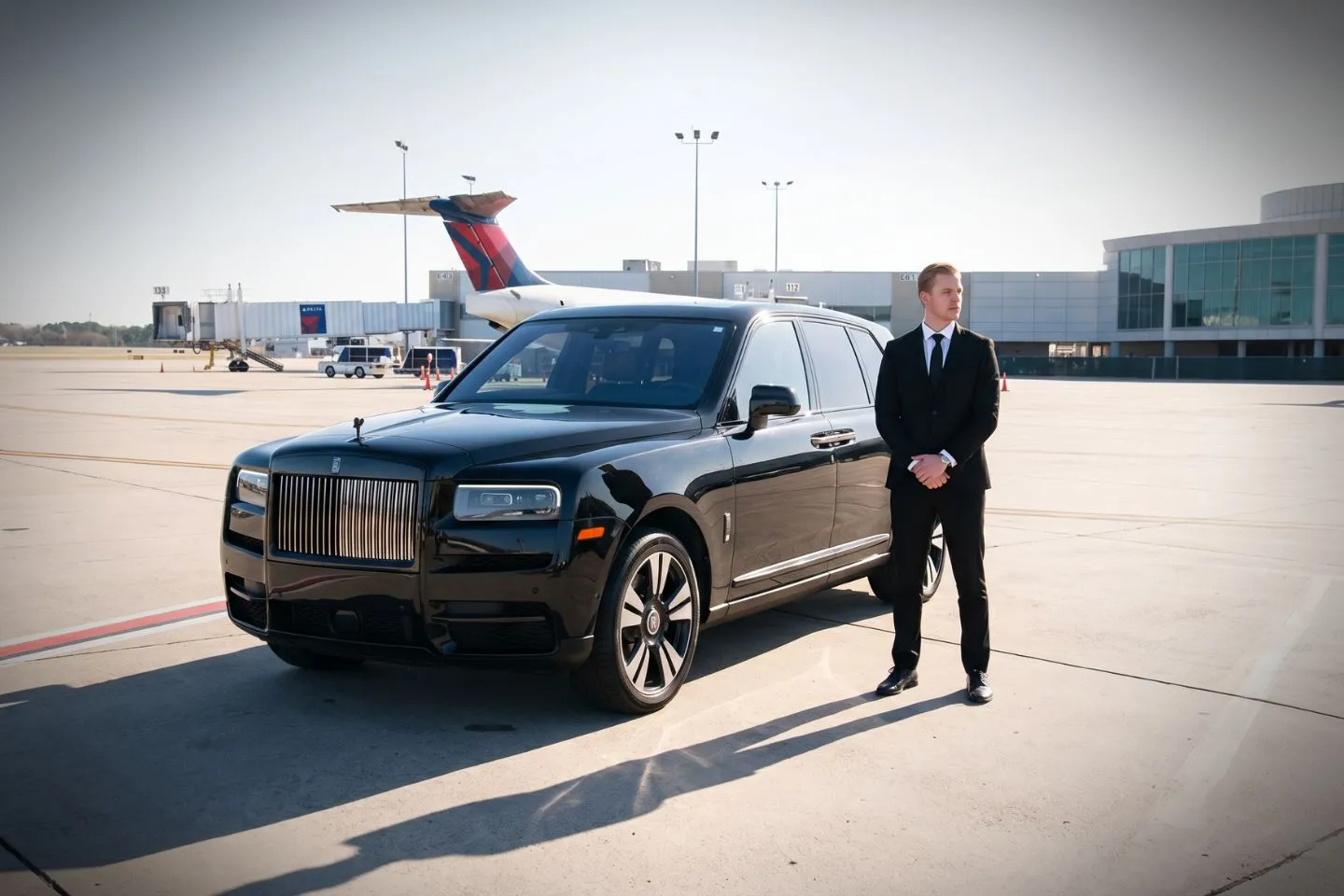 Baton Rouge Metropolitan (BTR) Airport Car Service Black luxury sedan parked at Baton Rouge Metropolitan Airport terminal curbside in Louisiana