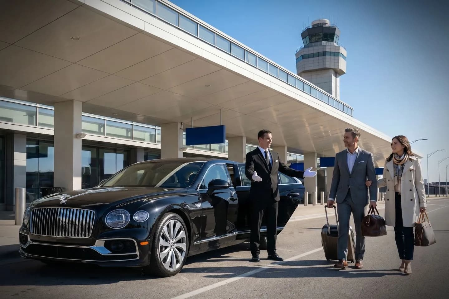 Detroit Metropolitan Wayne County (DTW) Airport Car Service Luxury black Mercedes Benz S Class at Detroit Metropolitan Wayne County Airport DTW McNamara Terminal curbside