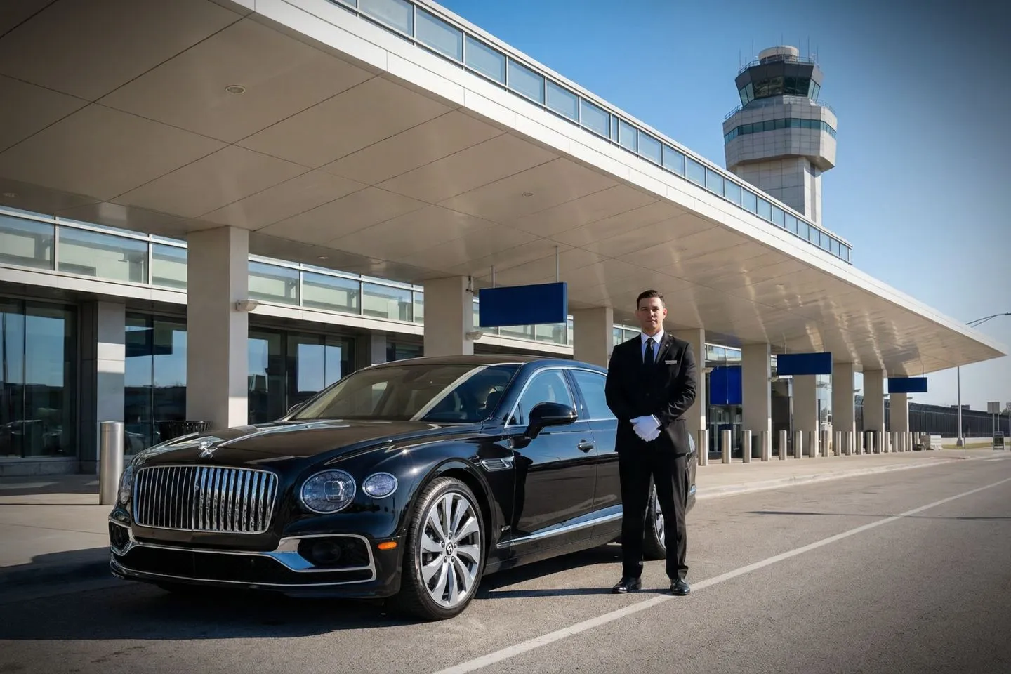 Detroit Metropolitan Wayne County (DTW) Airport Car Service Black Cadillac Escalade chauffeured car at Detroit Metro airport for ride to Ford Field Detroit Lions game