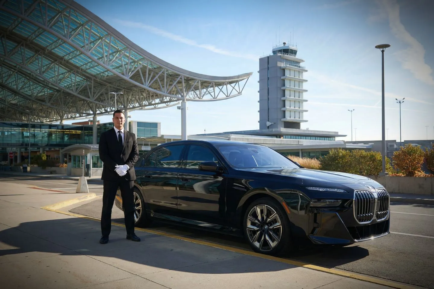 Gerald R. Ford International (GRR) Airport Car Service Luxury black Mercedes Benz S Class at Gerald R Ford International Airport GRR terminal curbside in Grand Rapids Michigan