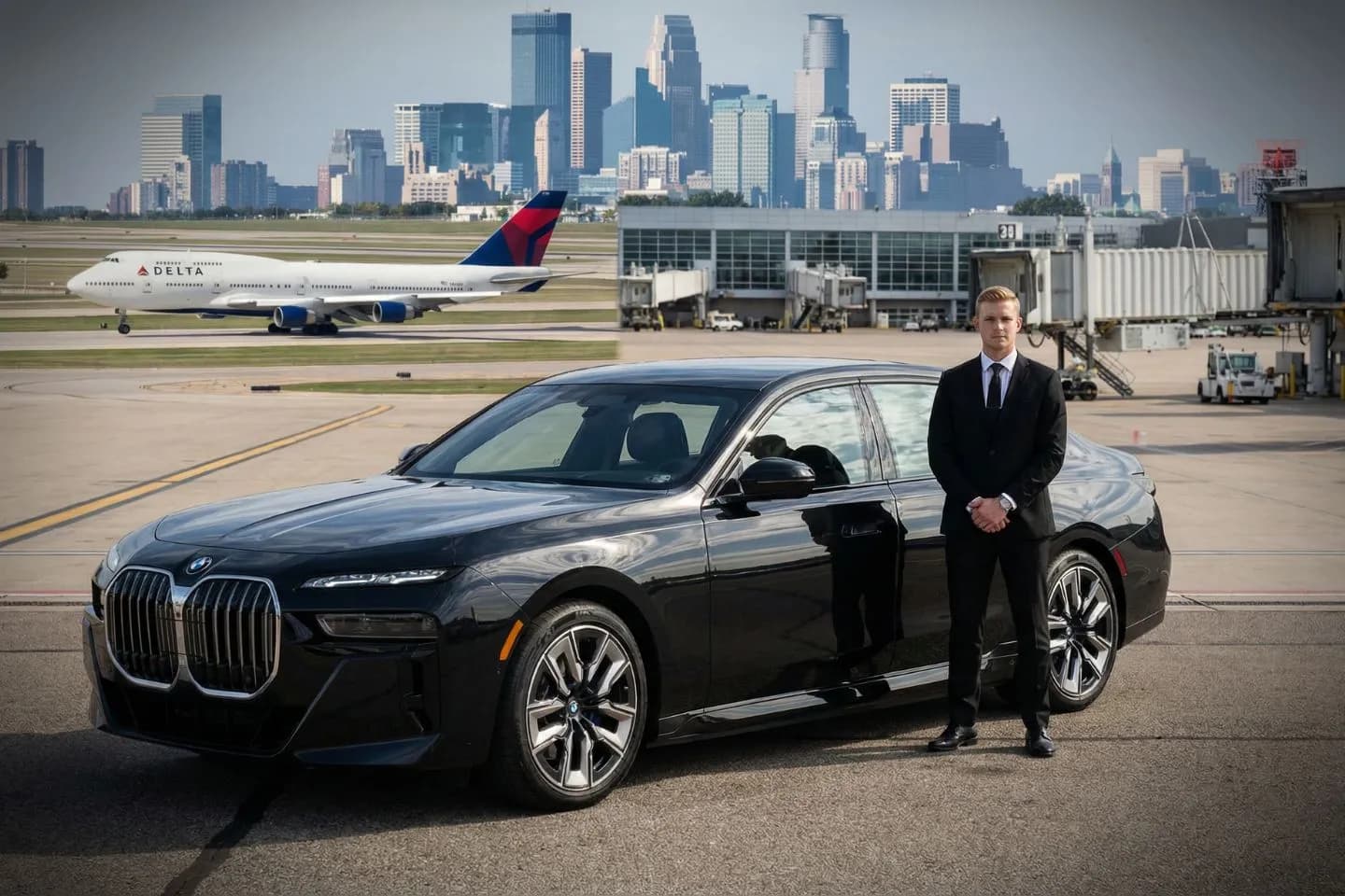 Minneapolis Saint Paul International (MSP) Airport Car Service Black luxury sedan parked at Minneapolis Saint Paul International Airport Terminal 1 curbside