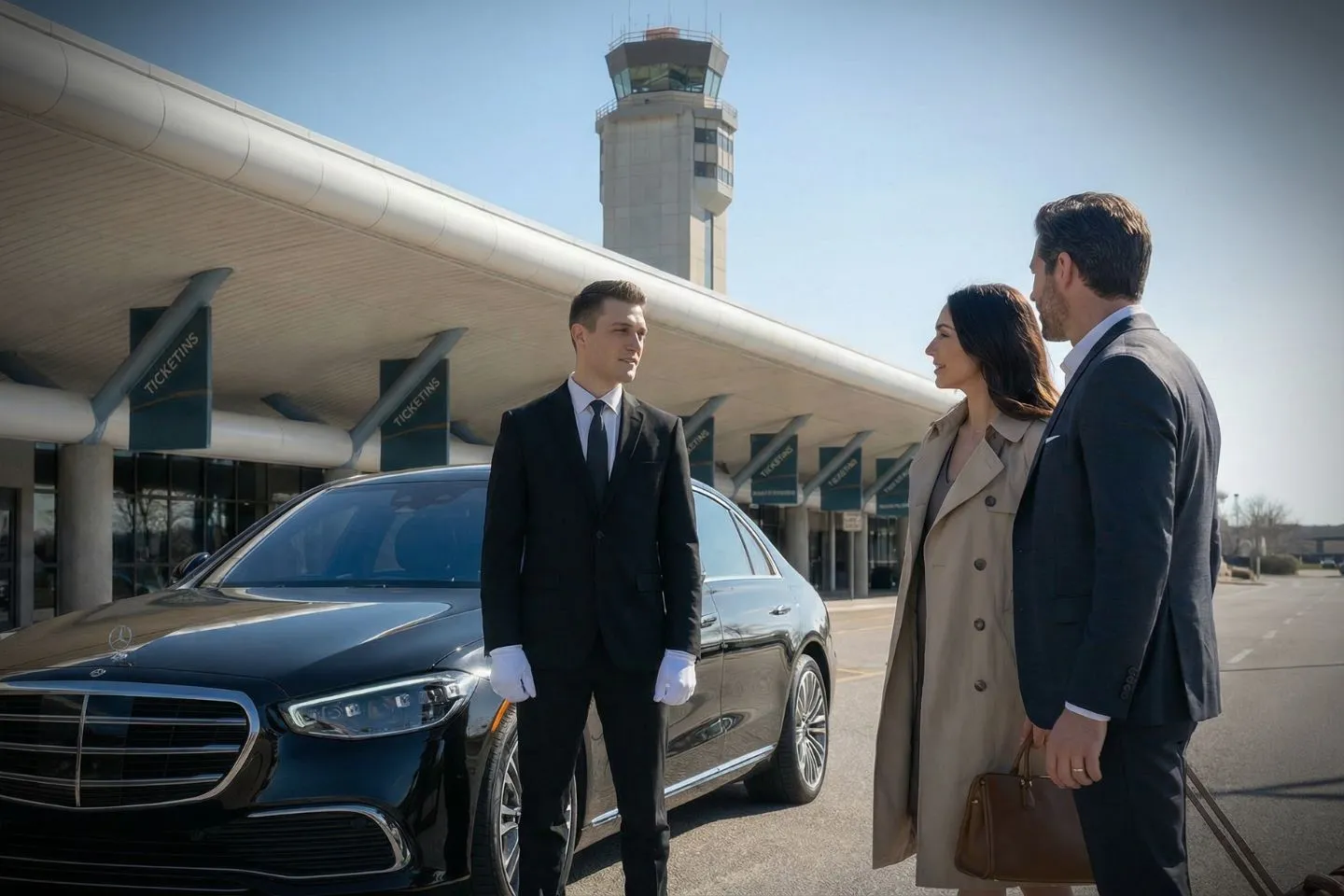 Bishop International (FNT) Airport Car Service Union Limousine chauffeur greeting GM executive at FNT Bishop International airport baggage claim