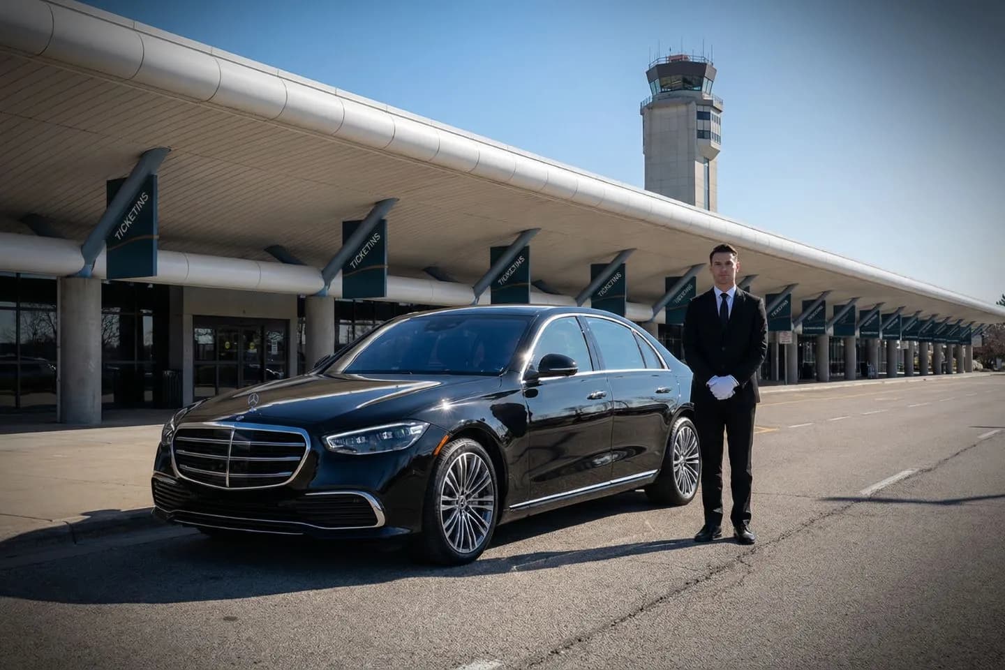Bishop International (FNT) Airport Car Service Black Cadillac Escalade chauffeured car at Bishop International airport for ride to Hurley Medical Center and Genesys
