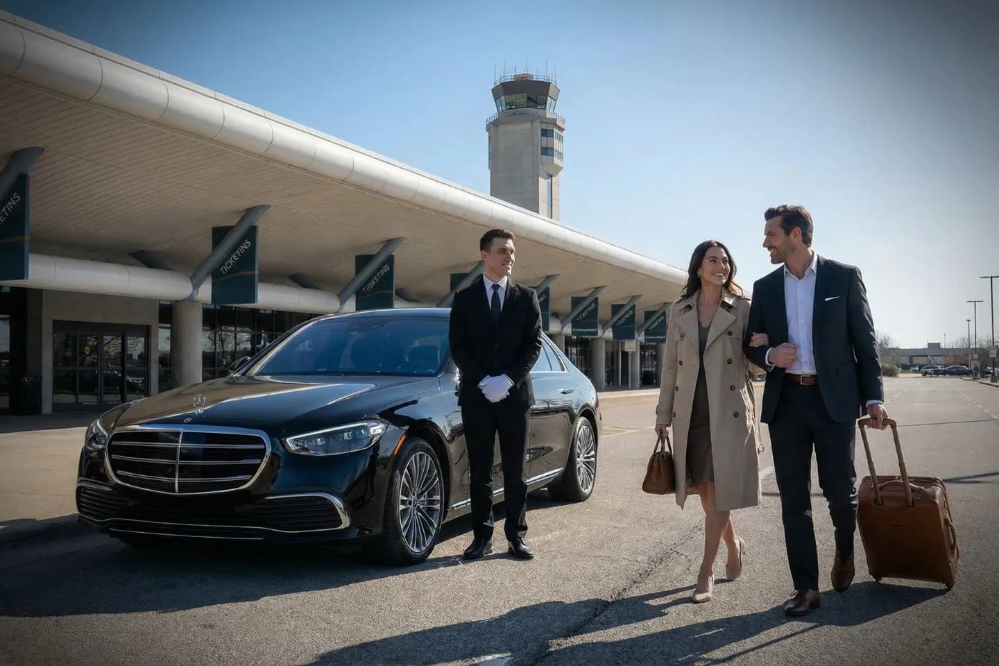 Bishop International (FNT) Airport Car Service Luxury black Mercedes Benz S Class at Bishop International Airport FNT terminal curbside in Flint Michigan