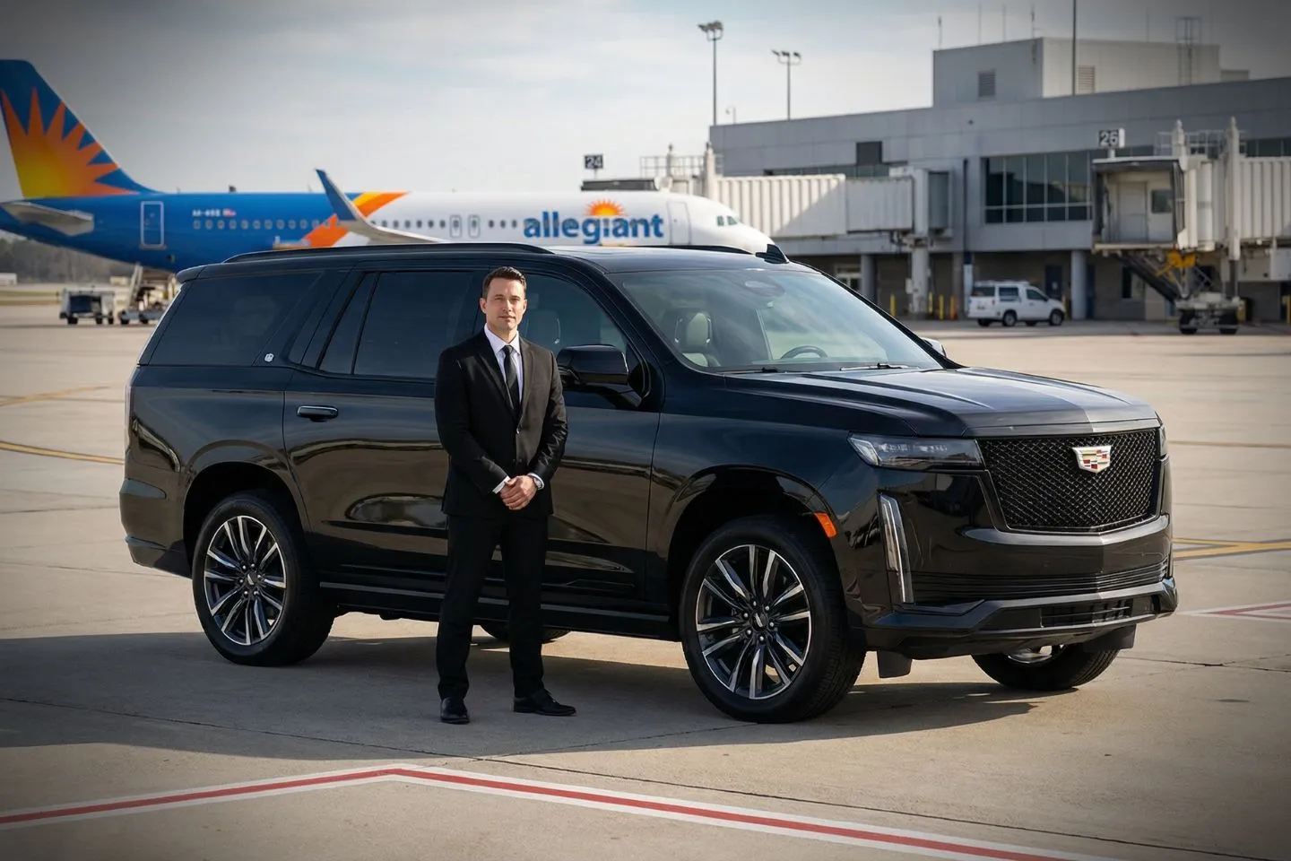 Capital Region International (LAN) Airport Car Service Black Cadillac Escalade chauffeured car at Capital Region airport for ride to GM Lansing Grand River plant