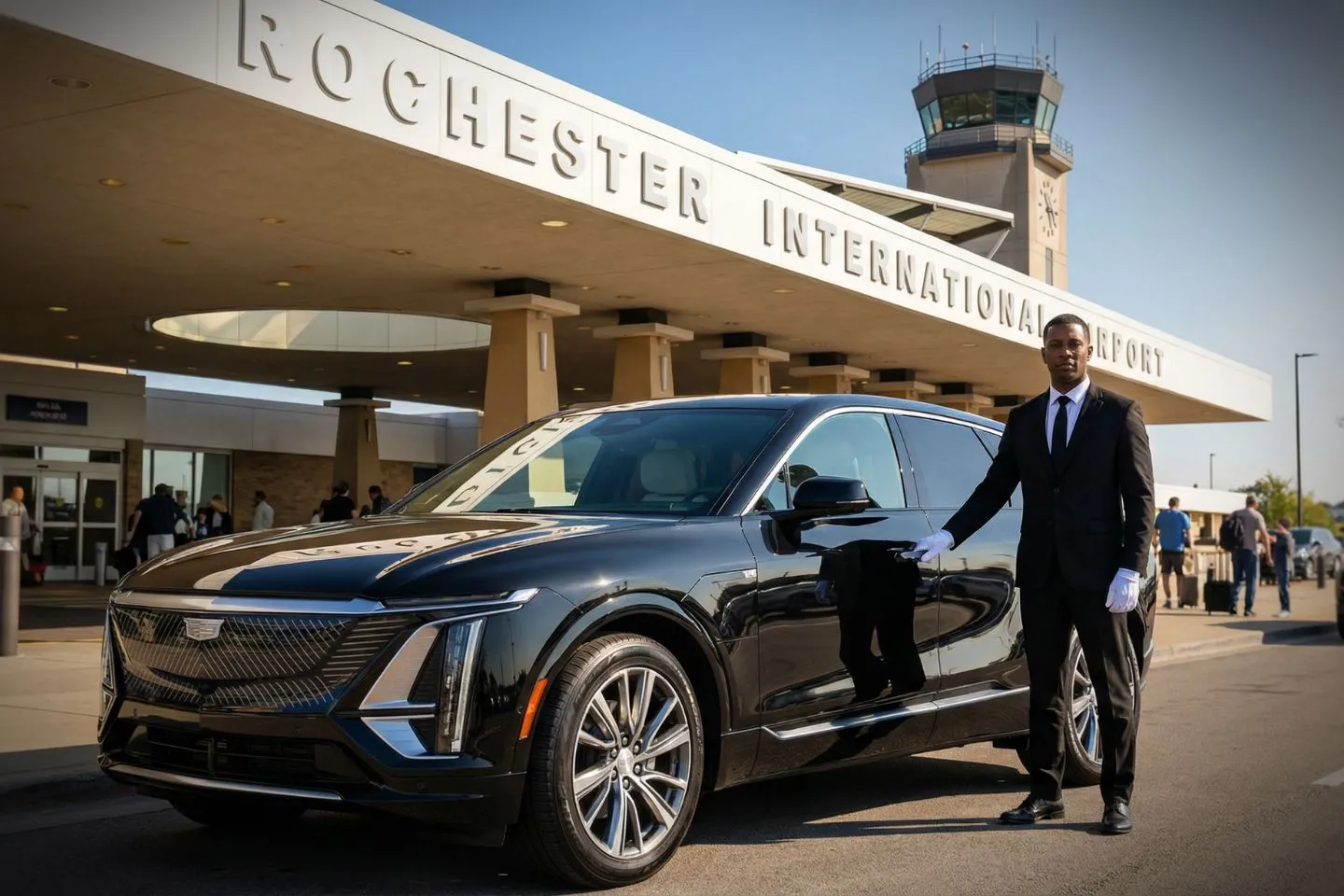 Rochester International (RST) Airport Car Service Premium SUV ready for RST airport pickup near Mayo Clinic downtown campus