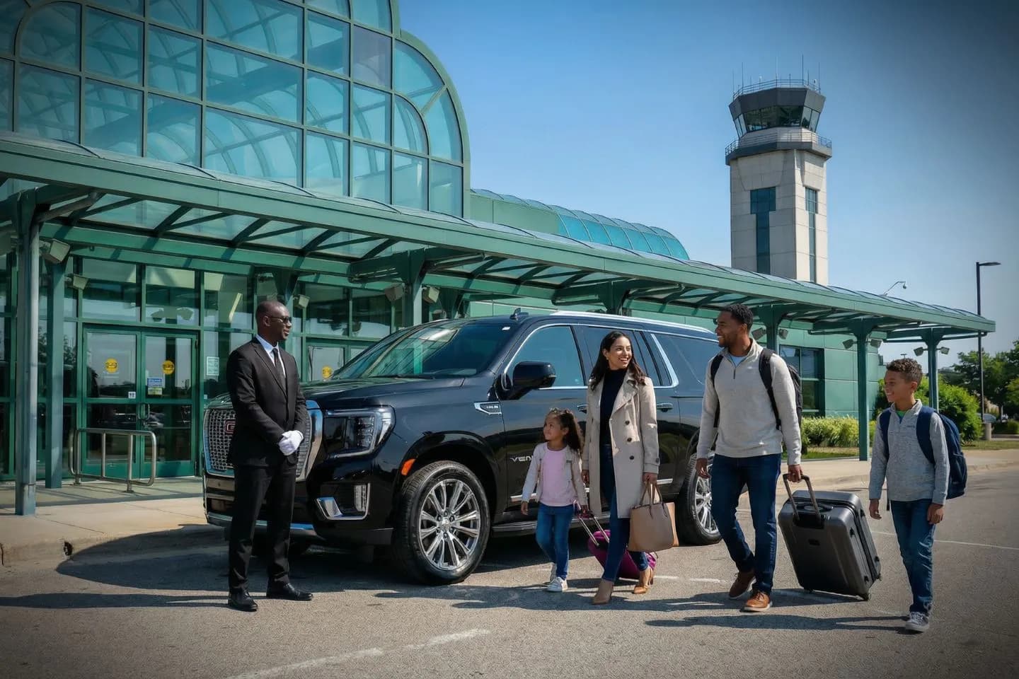 Muskegon County (MKG) Airport Car Service Luxury black Mercedes Benz S Class at Muskegon County Airport MKG terminal curbside in Michigan