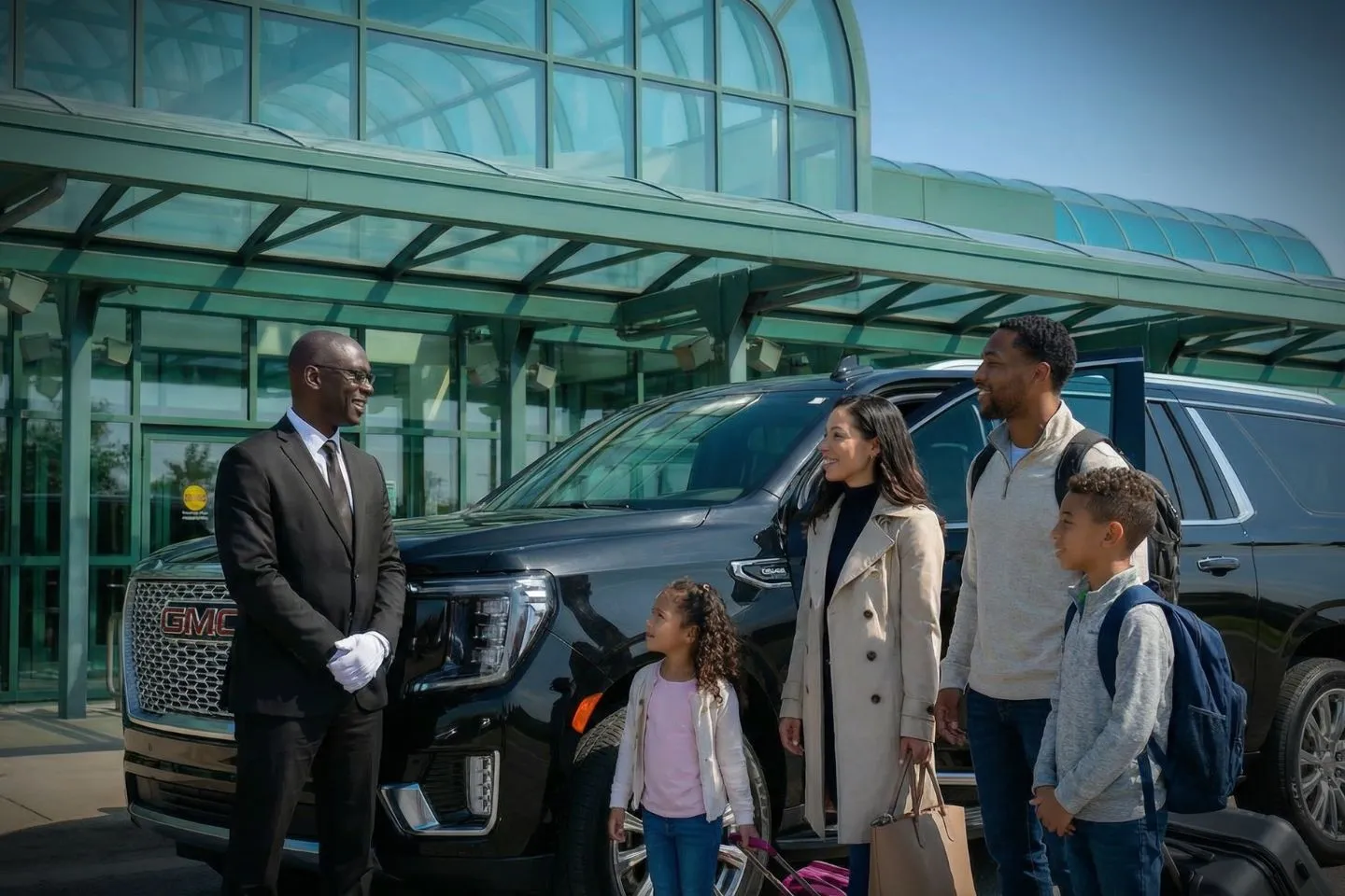Muskegon County (MKG) Airport Car Service Union Limousine chauffeur greeting Lake Michigan summer guest at MKG Muskegon County airport baggage claim