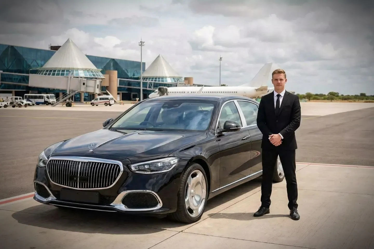 Falls International (INL) Airport Car Service Black luxury sedan parked at Falls International Airport terminal curbside in International Falls Minnesota