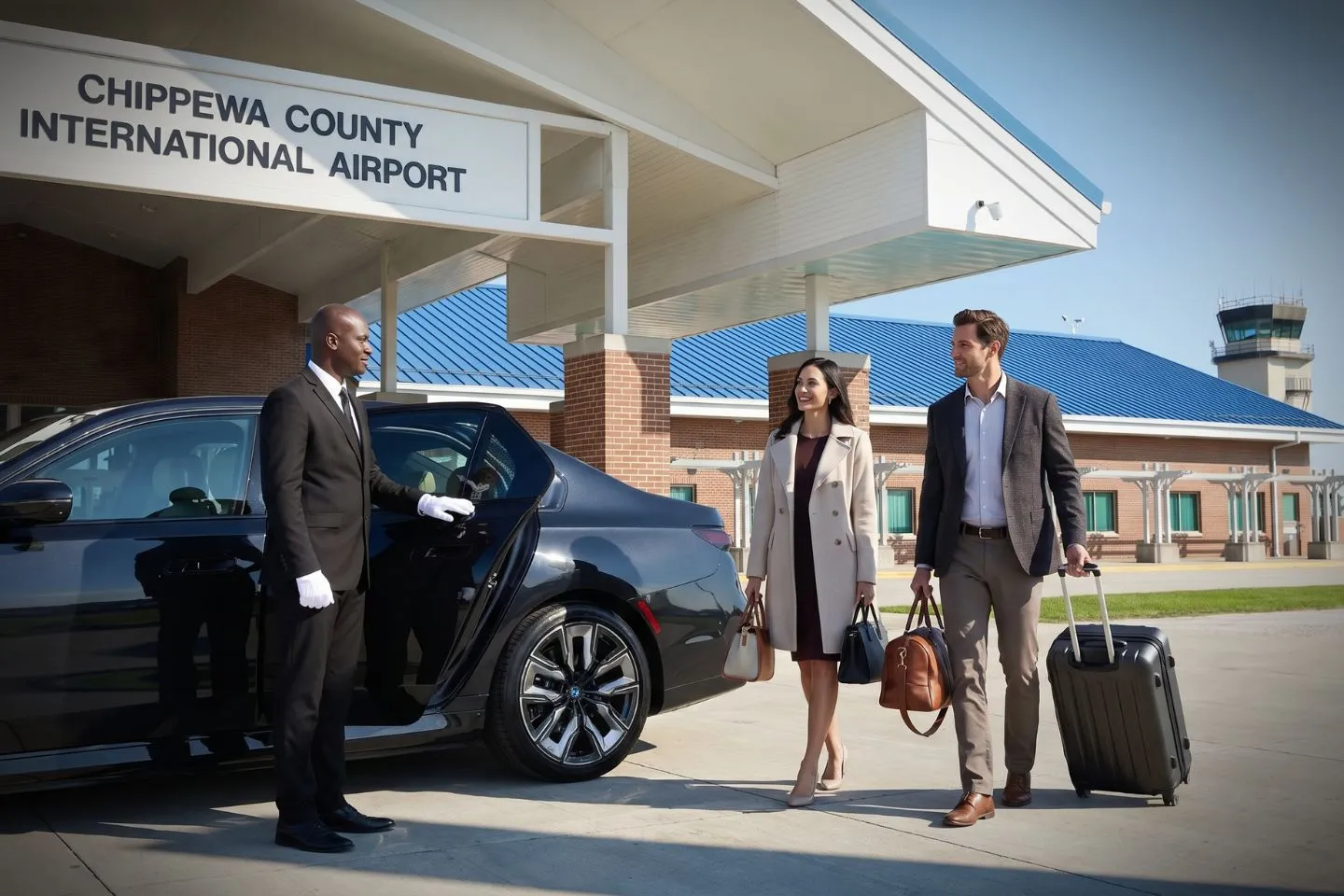 Chippewa County International (CIU) Airport Car Service Union Limousine chauffeur greeting Mackinac Island guest at CIU Chippewa County International airport baggage claim