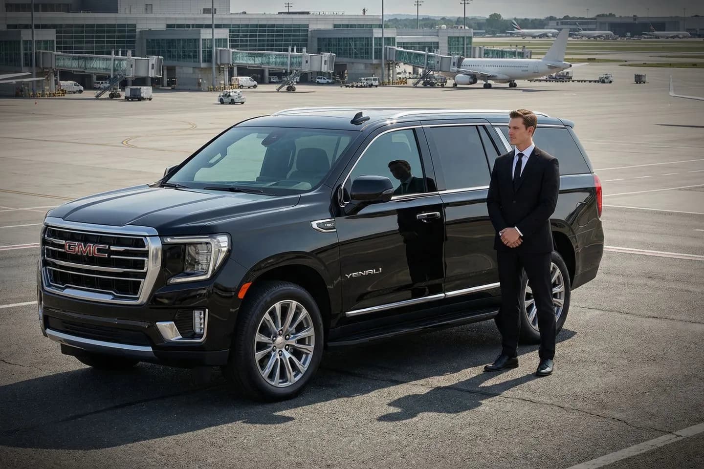 Oakland County International (PTK) Airport Car Service Black Cadillac Escalade chauffeured car at Oakland County International airport for ride to Meadow Brook Music Festival