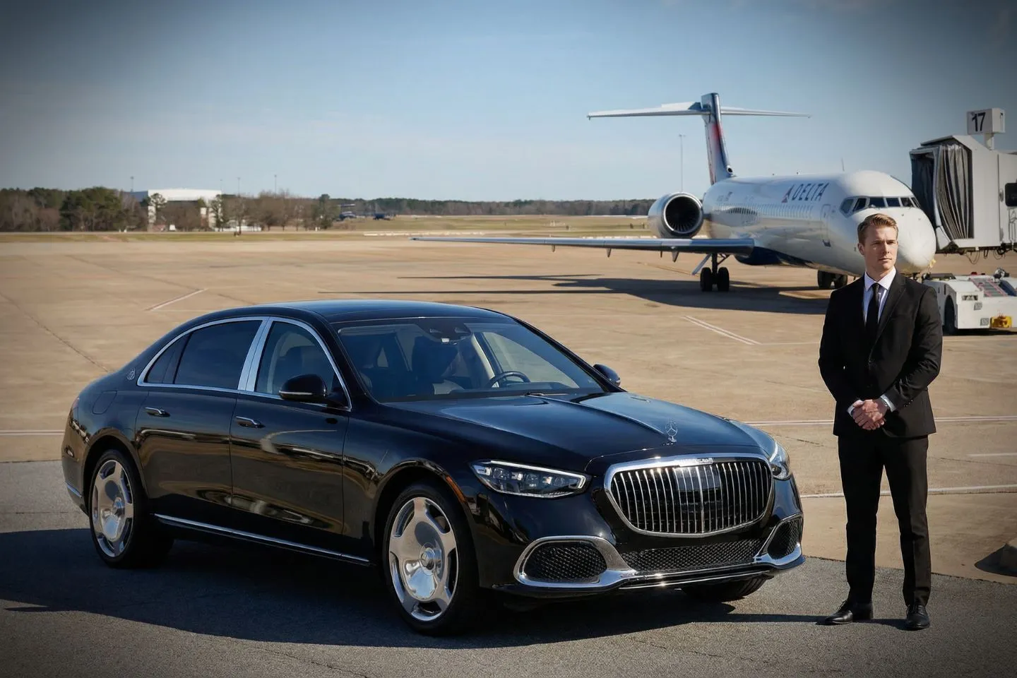 Jackson-Medgar Wiley Evers International (JAN) Airport Car Service Black luxury sedan parked at Jackson-Medgar Wiley Evers International Airport terminal curbside