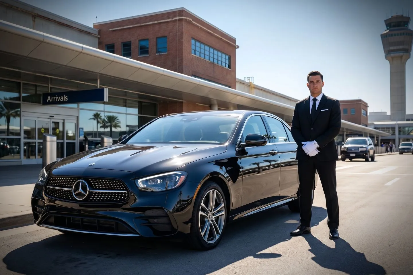 Willow Run (YIP) Airport Car Service 55. Luxury black Mercedes Benz S Class at Willow Run Airport YIP terminal curbside in Ypsilanti Michigan