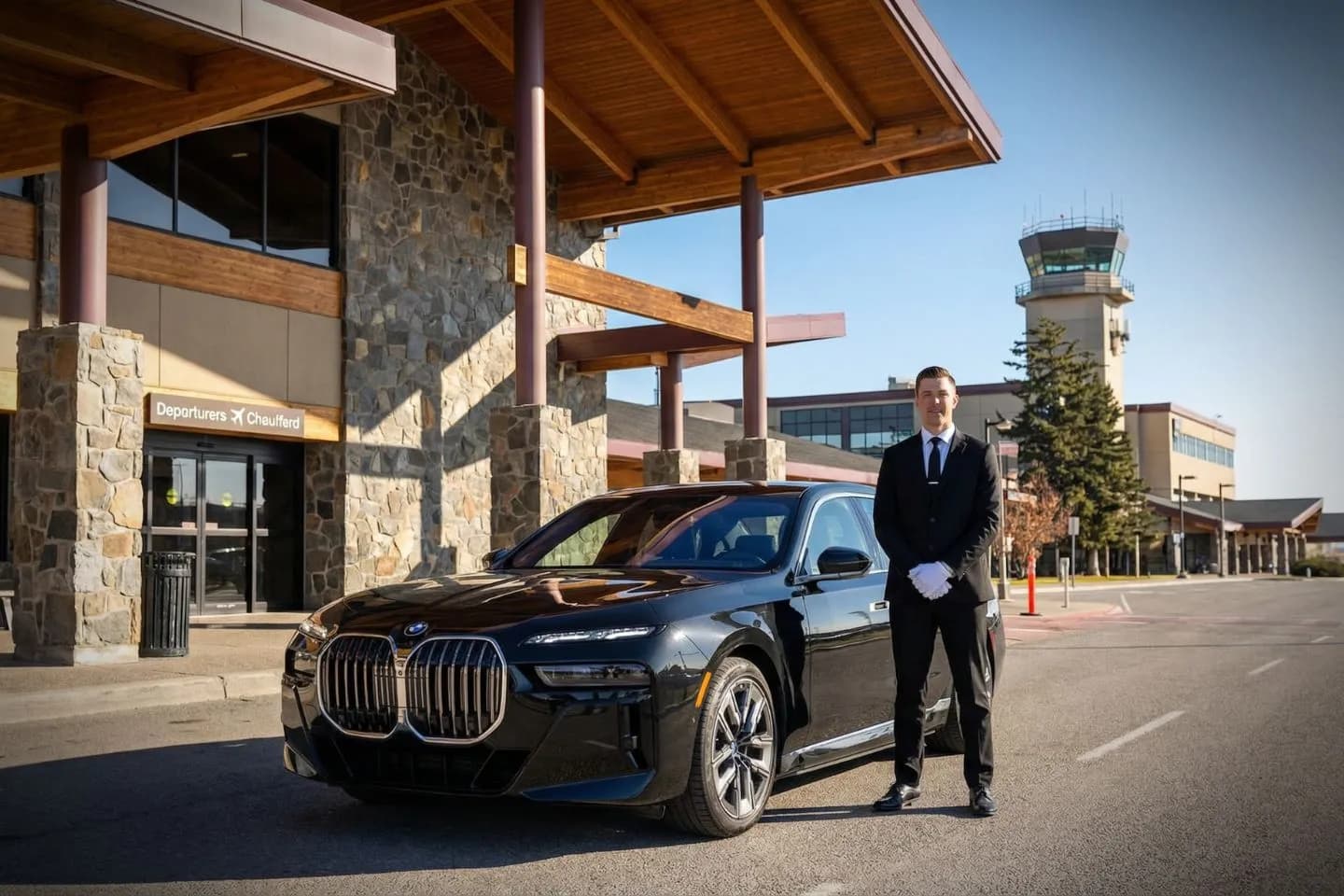 Bozeman Yellowstone International (BZN) Airport Car Service Black Cadillac Escalade chauffeured car at Bozeman Yellowstone airport for ride to Montana State University Bobcats Bobcat Stadium